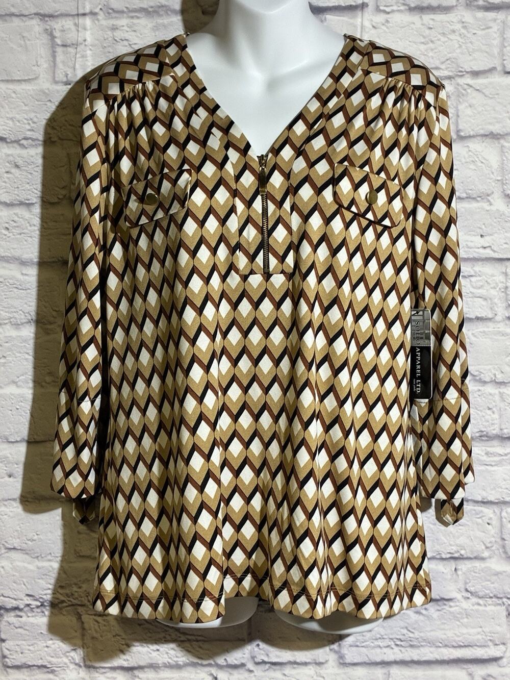 SOHO Apparel Large NWT Geometric Blouse Gold Zip Pocket Retro Print